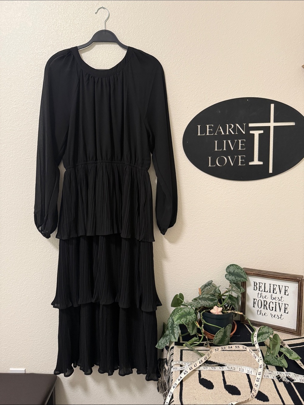 Black Tiered Long Sleeve Women's Dress